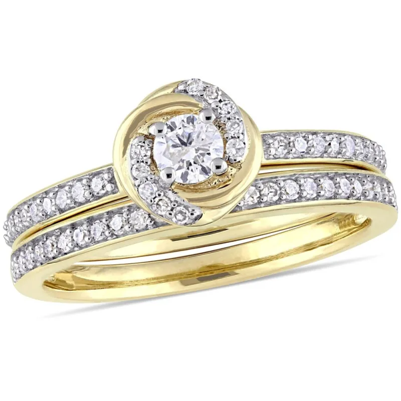 Miadora 10k Yellow Gold 1/2ct TDW Diamond Swirl Halo Bridal Ring Set sold by Zulily