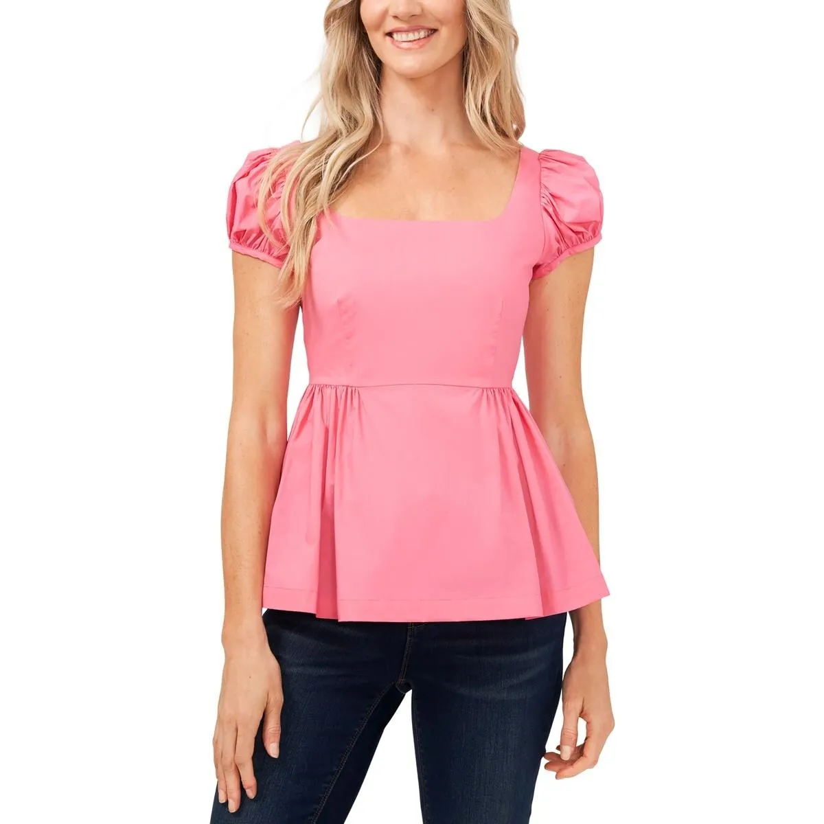 CeCe Women's Peplum Puff Sleeve Cotton Top Pink Size Large sold by Zulily