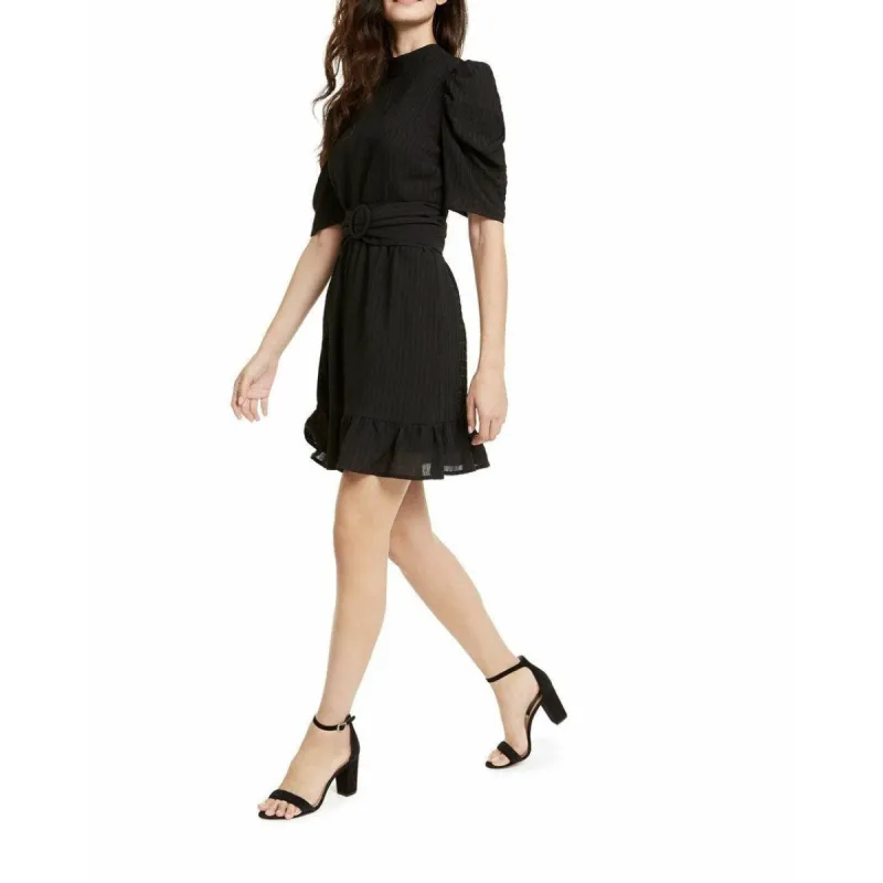 Leyden Women's Puff-Sleeve Belted Mini Dress Black Size M sold by Zulily