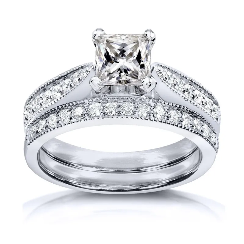 Annello by Kobelli Princess Moissanite and Diamond Vintage Bridal Set 1 1/4 CTW 14k White Gold sold by Zulily