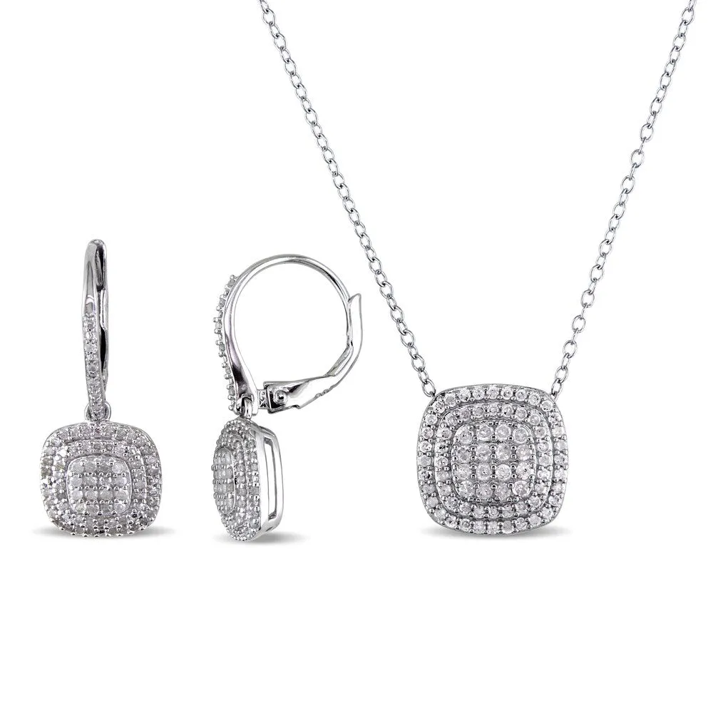 Miadora Sterling Silver 1ct TDW Diamond Cluster Necklace and Earrings Set - White sold by Zulily