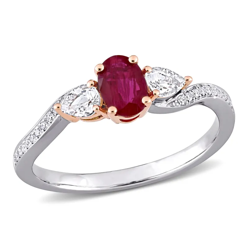 Miadora 7/8ct TGW Oval Shape Ruby and Diamond Accent 3-stone Ring in Two-Tone 14k White & Rose Gold sold by Zulily