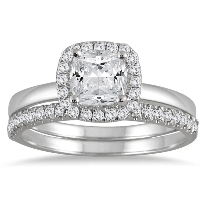 1 1/4 Carat Cushion Cut Diamond Halo Bridal Set in 14K White Gold sold by Zulily