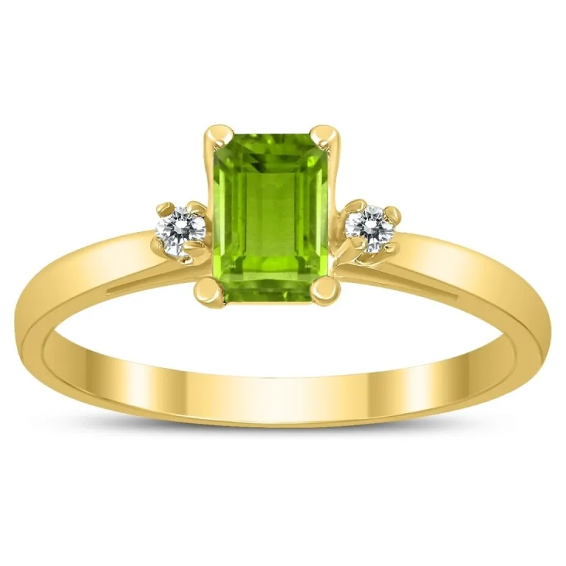 Emerald Cut 6X4MM Peridot and Diamond Three Stone Ring in 10K Yellow Gold sold by Zulily