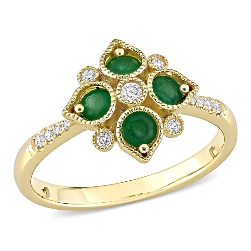 Miadora 14k Yellow Gold Emerald and 1/10ct TDW Diamond Floral Geometric Cluster Ring made by Zulily
