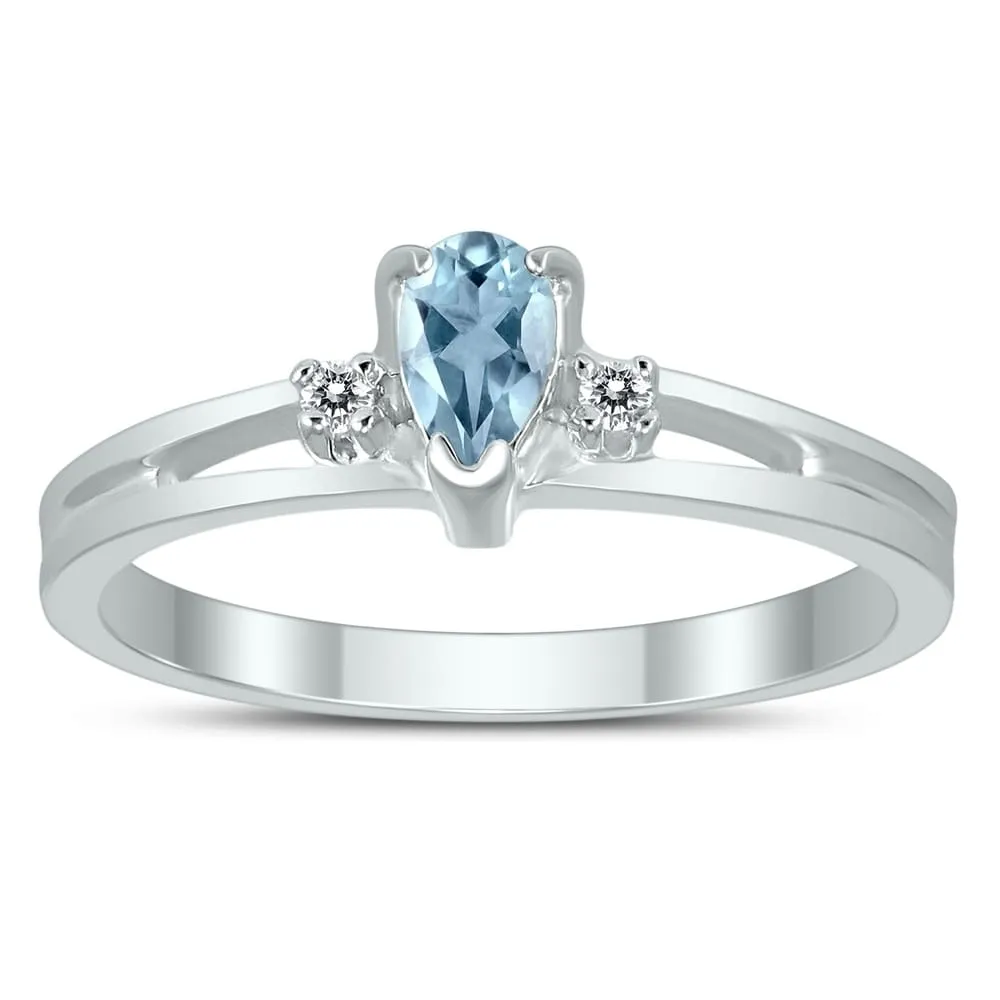 5X3MM Aquamarine and Diamond Pear Shaped Open Three Stone Ring in 10K White Gold sold by Zulily