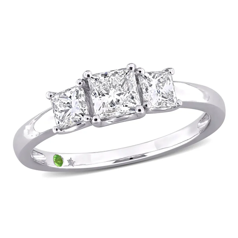 Created Forever 1ct TDW Princess-Cut Lab-Grown Diamond and Tsavorite Accent Three-Stone Ring in 14k White Gold sold by Zulily