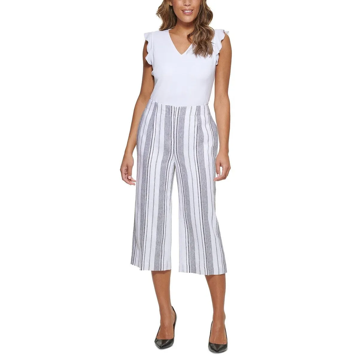 Calvin Klein Women's Striped Cropped Linen Pants White Size 2 sold by Zulily product image thumbnail 2