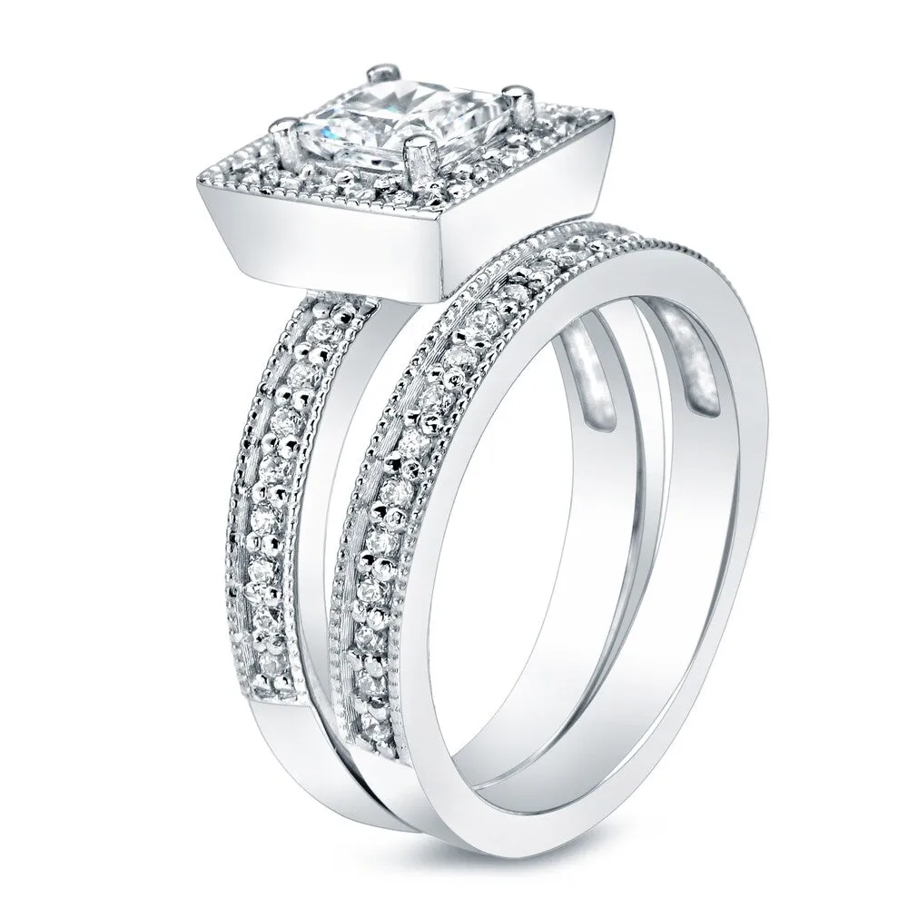 Auriya Platinum 1 1/2ctw Vintage Princess-cut Halo Diamond Engagement Ring Set sold by Zulily product image thumbnail 4