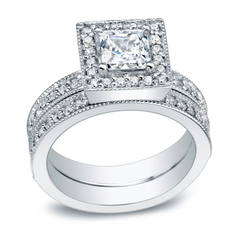 Auriya Platinum 1 1/2ctw Vintage Princess-cut Halo Diamond Engagement Ring Set sold by Zulily
