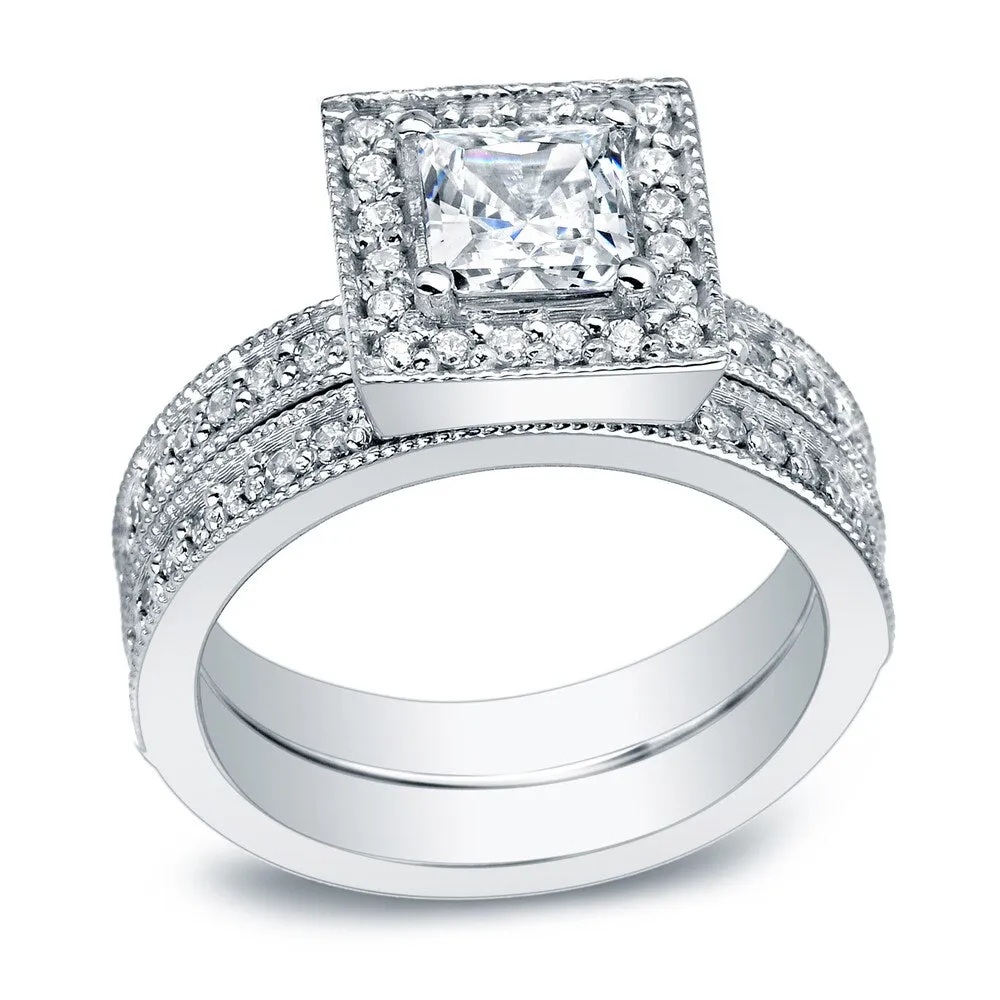 Auriya Platinum 1 1/2ctw Vintage Princess-cut Halo Diamond Engagement Ring Set sold by Zulily