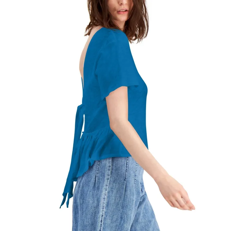 INC International Concepts Women's Ruffled V Back With Tie Short Sleeve Crew Neck Peplum Top Blue Size Large sold by Zulily