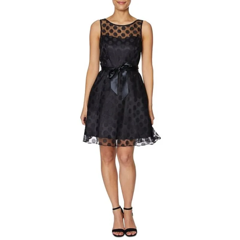 Betsey Johnson Girl's Belted Polka Dot Sleeveless Illusion Neckline Above the Knee Fit Flare Party Dress Black Size 0 sold by Zulily