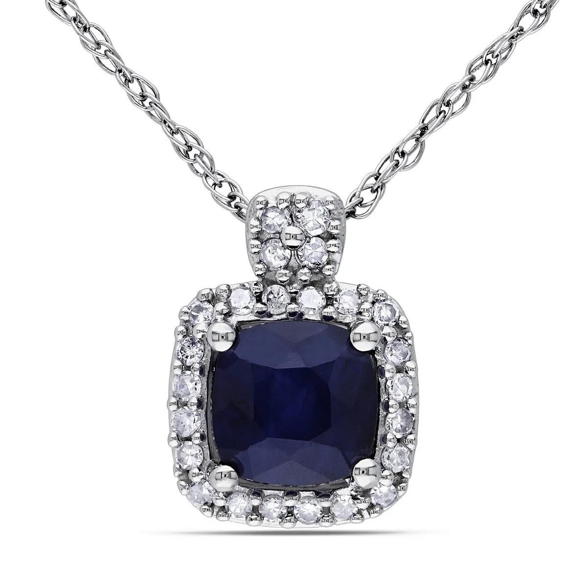 Miadora 10k White Gold Sapphire and 1/10ct TDW Diamond Square Halo Necklace - Blue sold by Zulily