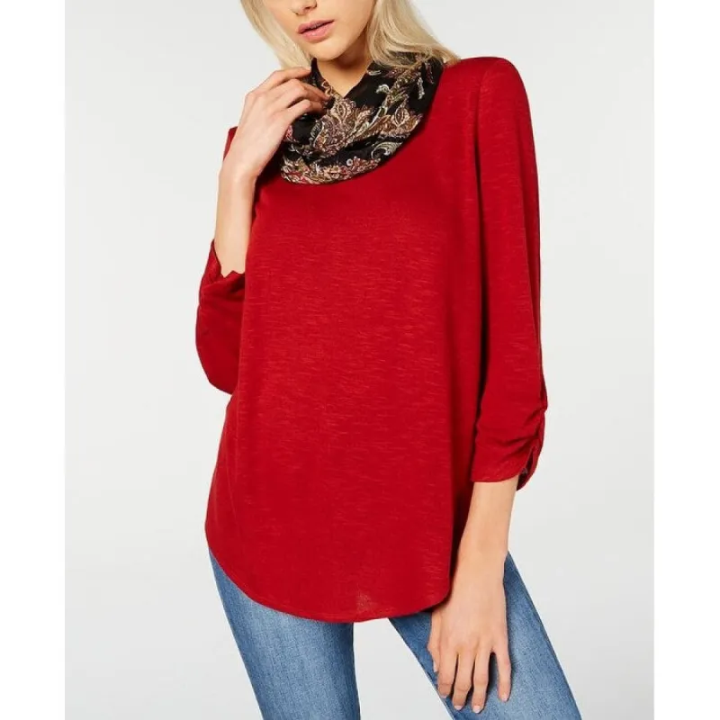 BCX Junior's Ruched Sleeve Top with Printed Scarf Red Size X-Small - XS sold by Zulily