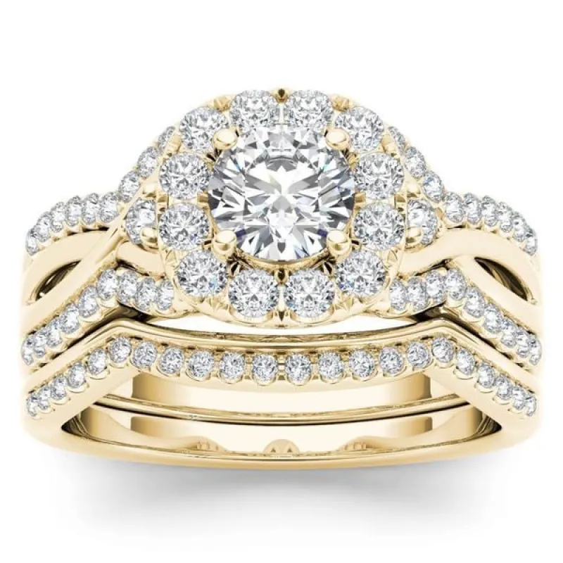 De Couer 14k Yellow Gold 1 1/4ct TDW Diamond Halo Engagement Ring Set with One Band sold by Zulily