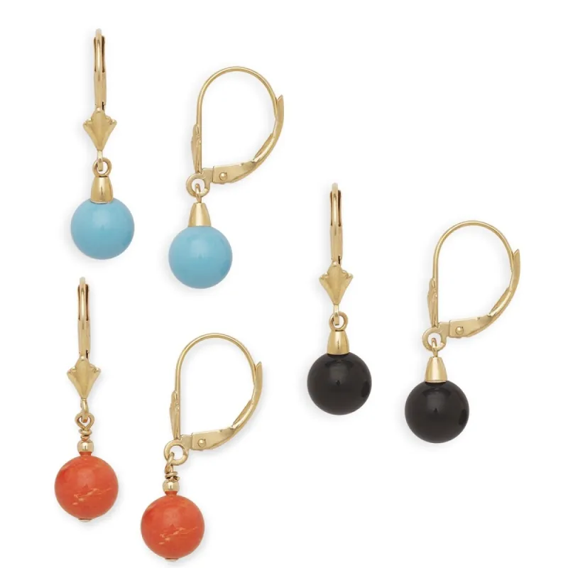 Curata 14k Yellow Gold Turquoise, Onyx or Coral Ball Leverback Earrings sold by Zulily