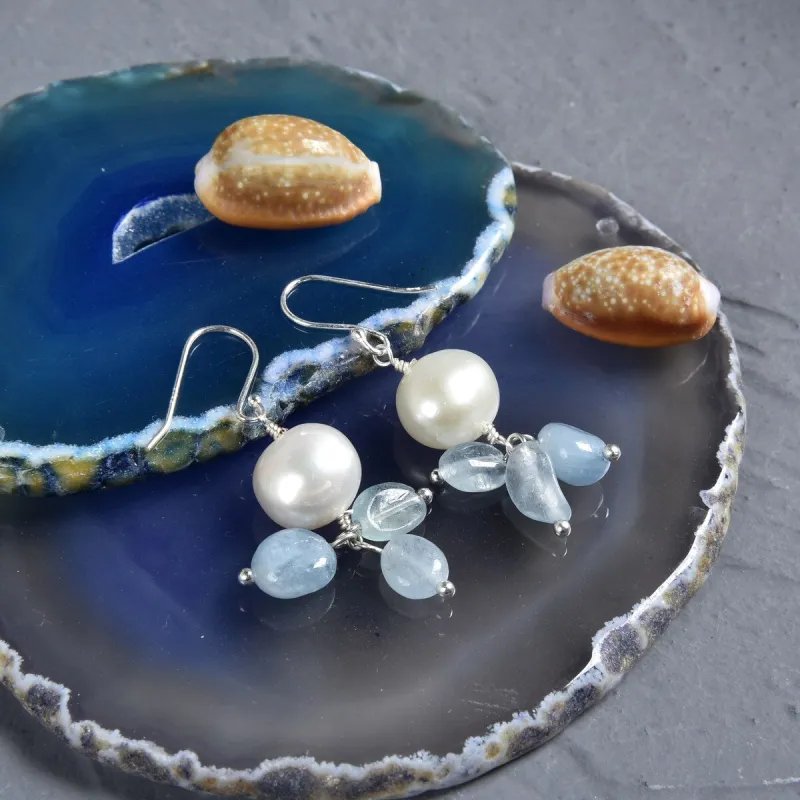 Double Shine Pearl and Aquamarine Drop Earring sold by Zulily