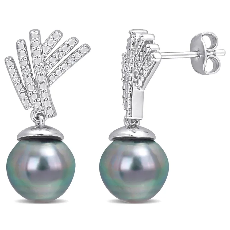Miadora 9.5-10mm Black Tahitian Cultured Pearl and Diamond Accent Drop Earrings in Sterling Silver sold by Zulily