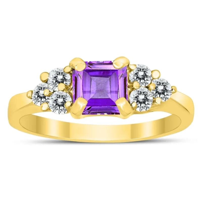 Princess Cut 6X6MM Amethyst and Diamond Duchess Ring in 10K Yellow Gold sold by Zulily