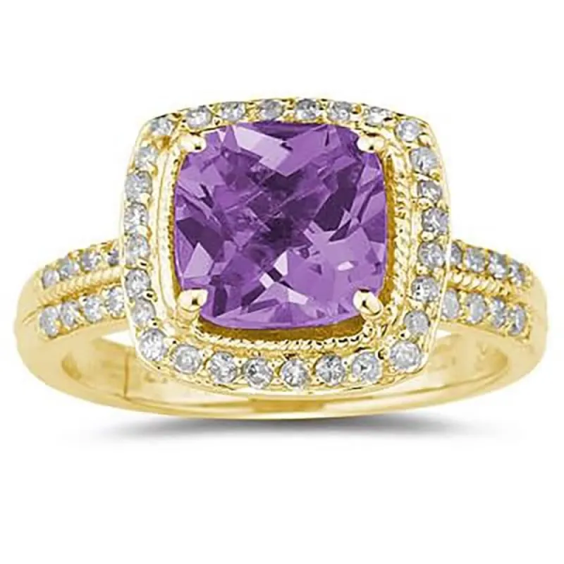 2 1/2 Carat Cushion Cut Amethyst & Diamond Ring in 14K Yellow Gold sold by Zulily