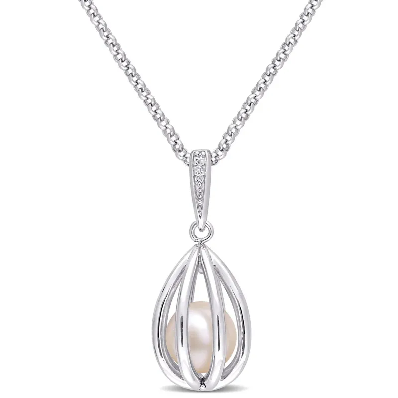 Miadora Cultured Freshwater Pearl and Diamond Accent Cage Drop Necklace in Sterling Silver (8-8.5mm) sold by Zulily