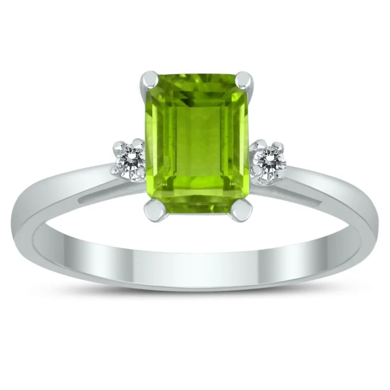 Emerald Cut 7X5MM Peridot and Diamond Three Stone Ring in 10K White Gold sold by Zulily