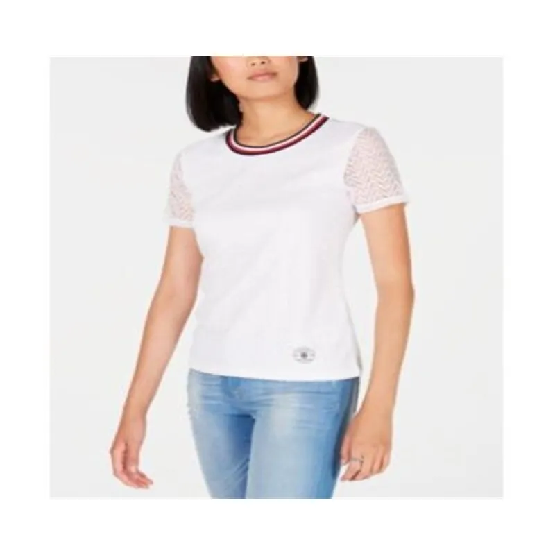 Tommy Hilfiger Women's Lace Striped Trim T-Shirt White Size X-Small made by Tommy Hilfiger