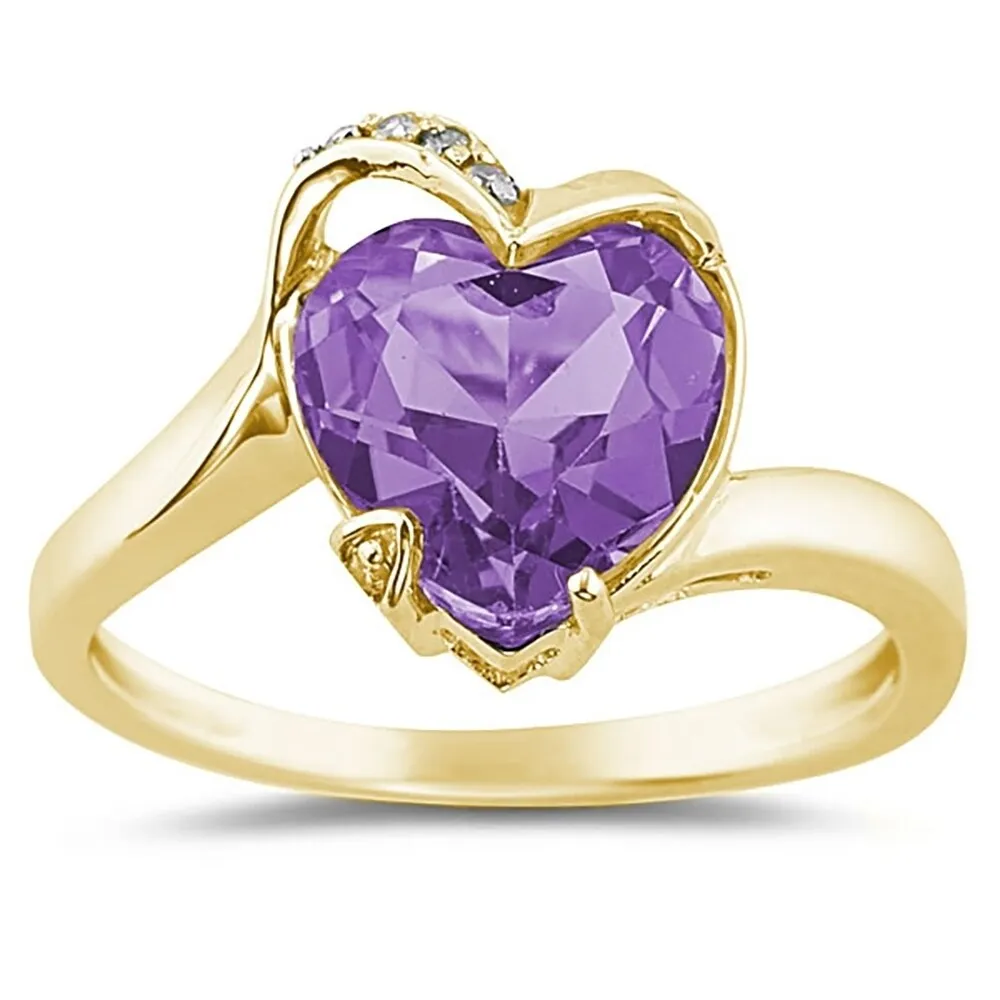 Heart Shaped Amethyst and Diamond Curve Ring in 14K Yellow Gold sold by Zulily