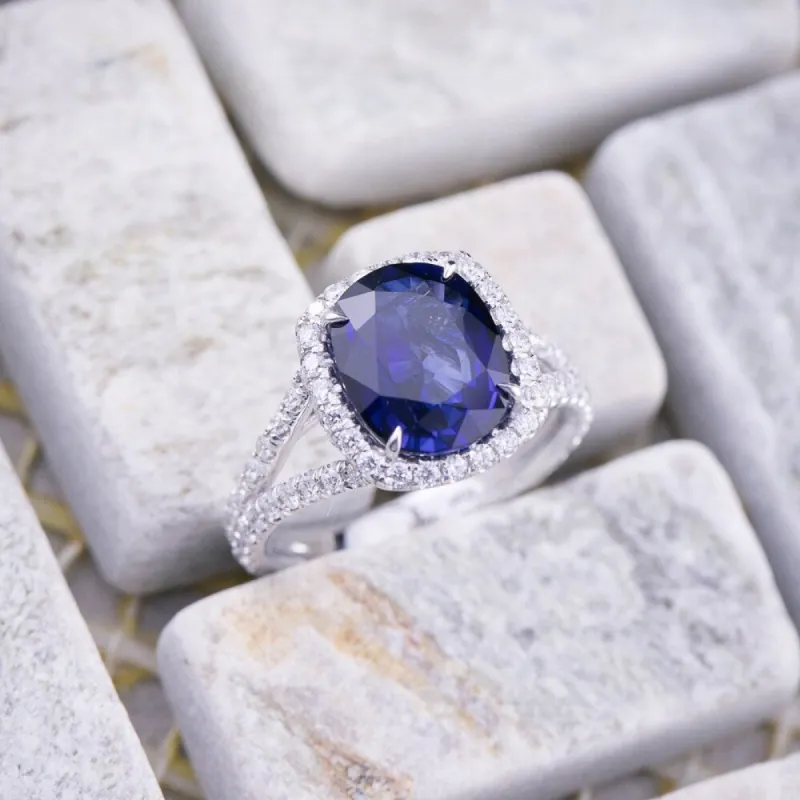 Auriya 18k White Gold 3ct Cushion-Cut Blue Sapphire and 1/3ct TDW Diamond Halo Engagement Ring sold by Zulily