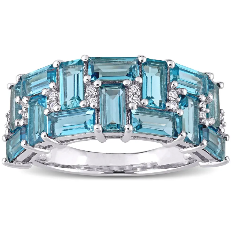 Miadora 10k White Gold Baguette London-Blue Topaz & 1/10ct Diamond Semi-Eternity Wedding Band Ring sold by Zulily