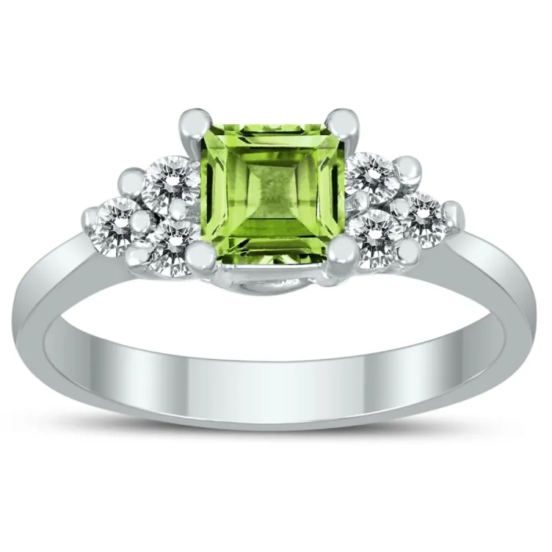 Princess Cut 5X5MM Peridot and Diamond Duchess Ring in 10K White Gold sold by Zulily