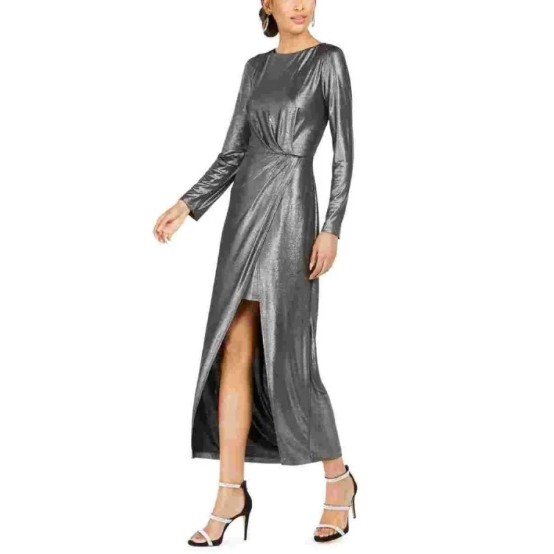 Julia Jordan Women's Metallic Front Slit Long Sleeve Knit Maxi Dress Silver Size 2 sold by Zulily