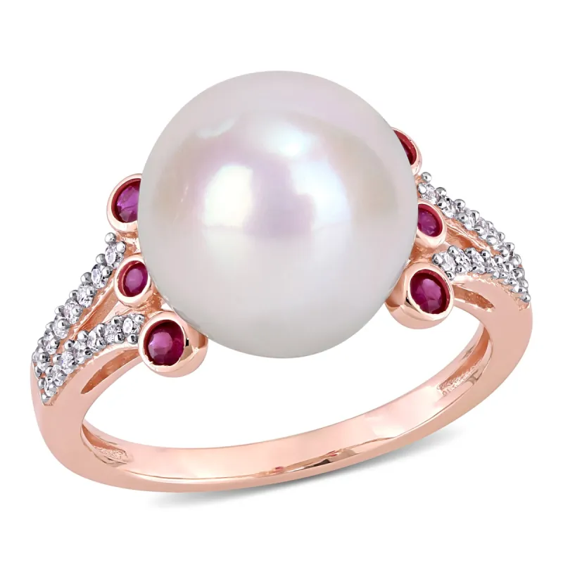 Miadora 11-12mm Cultured Freshwater Pearl 1/5ct TGW Ruby and 1/7ct TW Diamond Split Shank Ring in 10k Rose Gold sold by Zulily