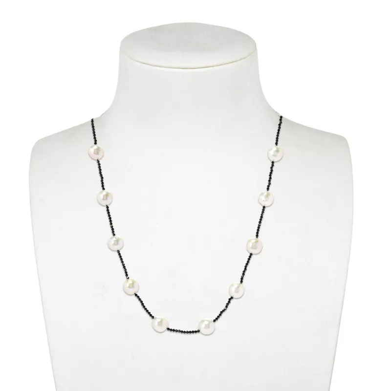 Freshwater Pearl and Black Spinel Beaded Sterling Silver Station Necklace sold by Zulily