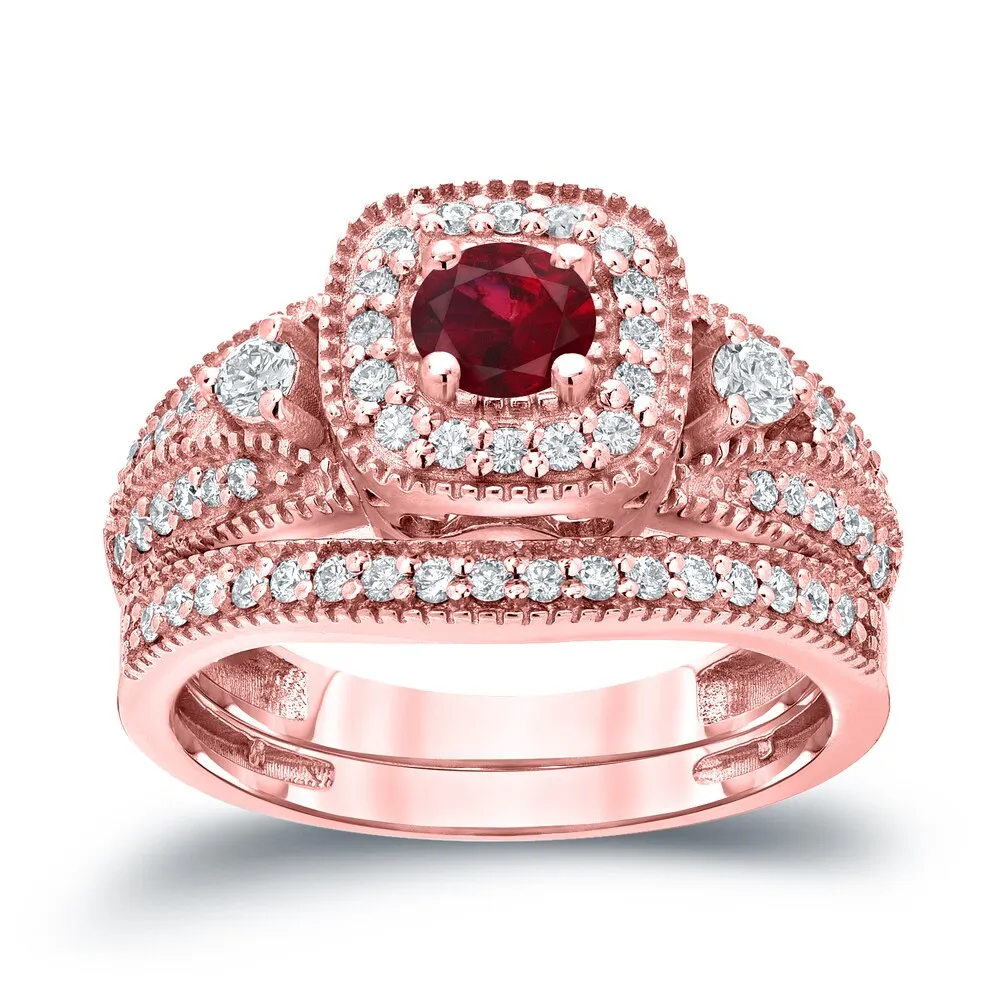 Auriya Vintage Inspired 1/5ct Red Ruby and 1/2ctw Halo Diamond Engagement Ring Set 14kt Gold sold by Zulily product image thumbnail 3