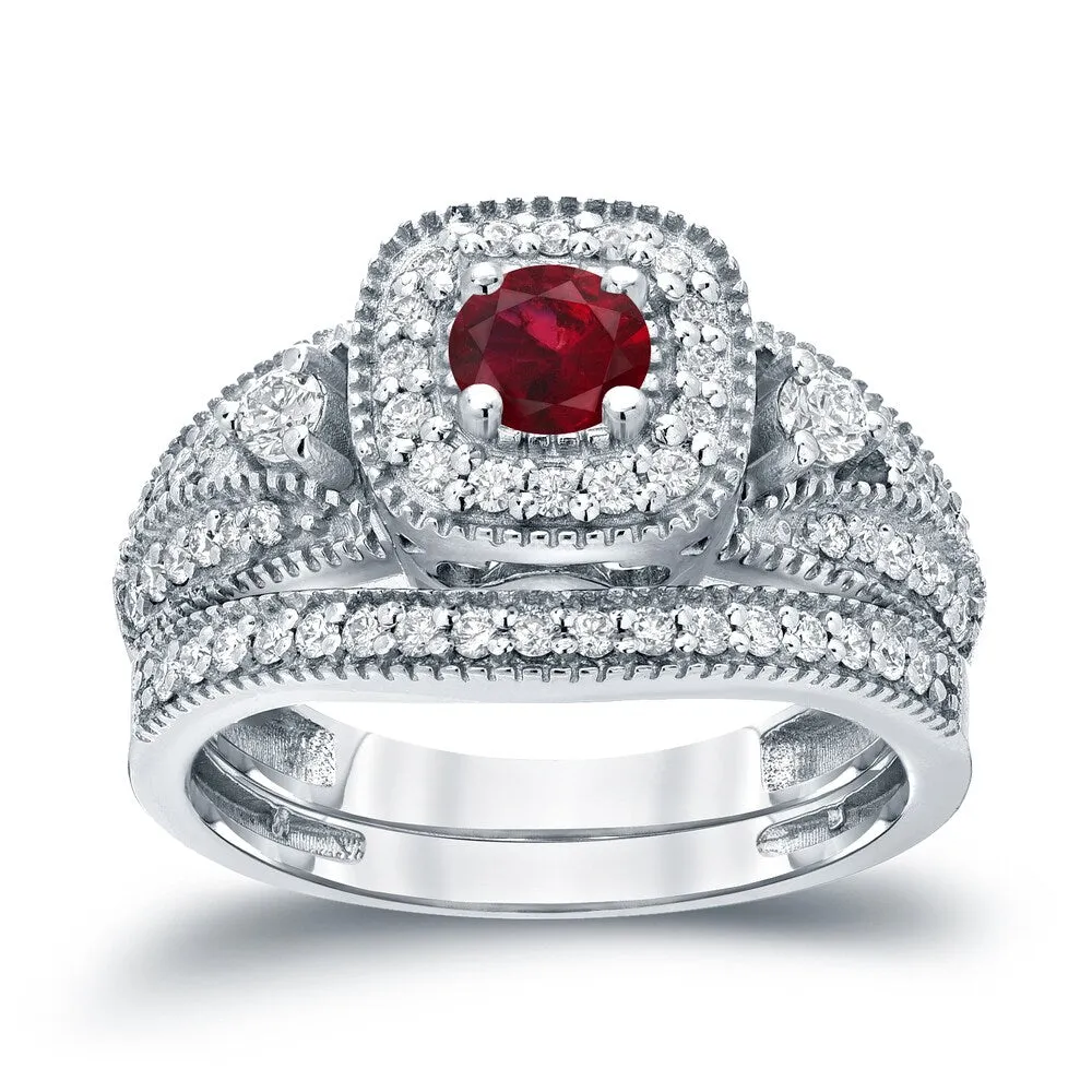 Auriya Vintage Inspired 1/5ct Red Ruby and 1/2ctw Halo Diamond Engagement Ring Set 14kt Gold sold by Zulily