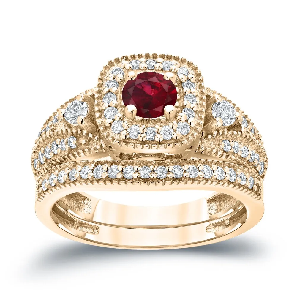 Auriya Vintage Inspired 1/5ct Red Ruby and 1/2ctw Halo Diamond Engagement Ring Set 14kt Gold sold by Zulily product image thumbnail 2