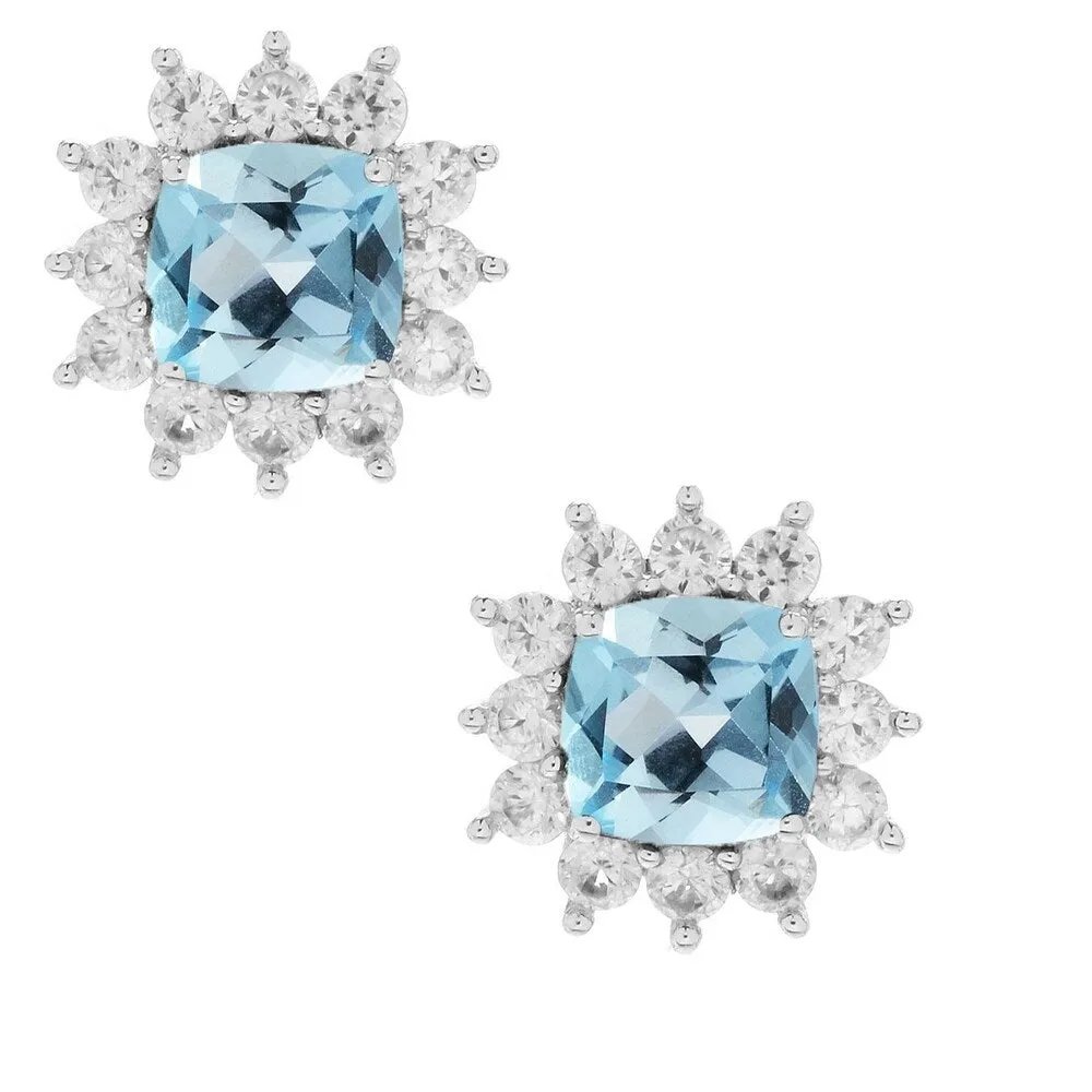 V3 Jewelry Sterling Silver with Cushion Cut Natural Sky Blue Topaz and White Zircon Halo Stud Earring sold by Zulily