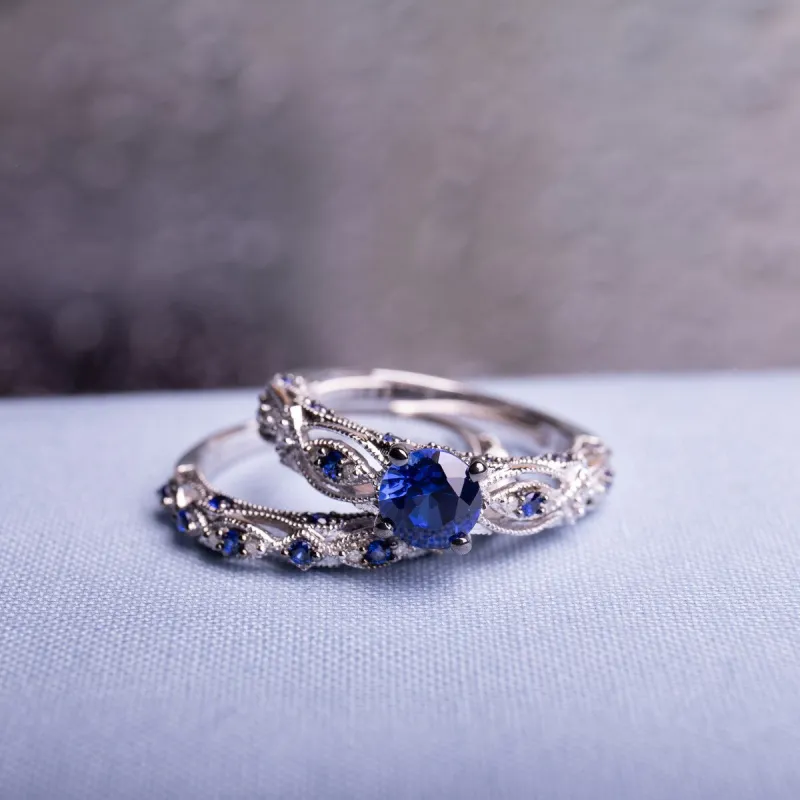Miadora 10k White Gold Created Blue Sapphire 1/10ct TDW Diamond Vintage Bridal Set sold by Zulily