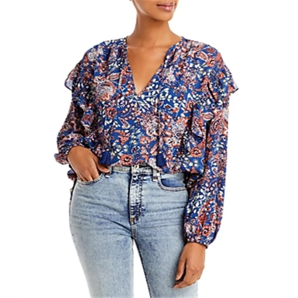 Aqua Women's Tie Neck Ruffled Blouse Blue Size X-Small sold by Zulily