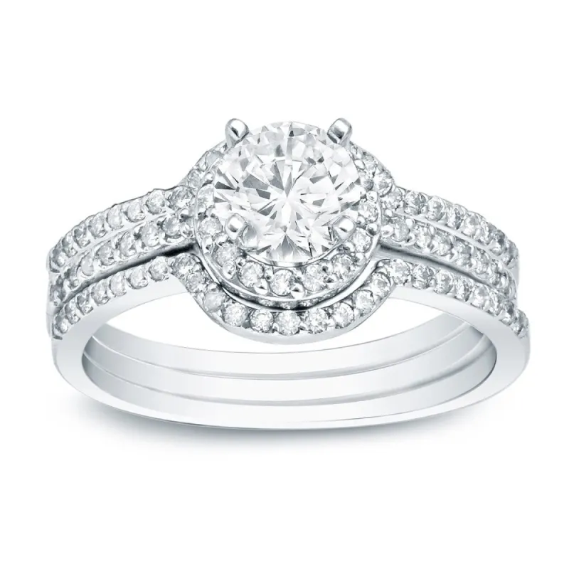Auriya 1 1/4ctw Round Diamond Halo Engagement Ring and Wedding Band 3-Pc. Set 14k Gold sold by Zulily
