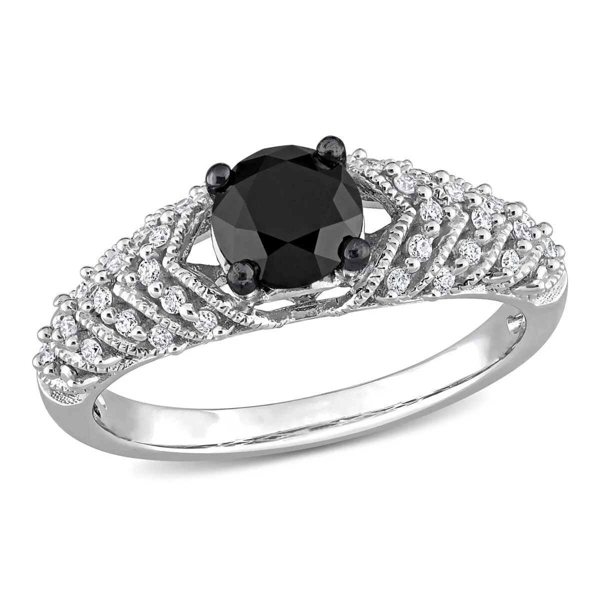 Miadora 4/5ct TDW Round-cut Black and White Diamond Vintage Chevron Engagement Ring 14k White Gold sold by Zulily
