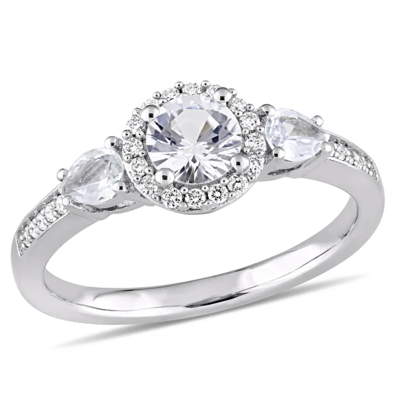 Miadora 1ct TGW White Sapphire 3-Stone Ring with 1/8ct TW Diamond Halo in 14k White Gold sold by Zulily