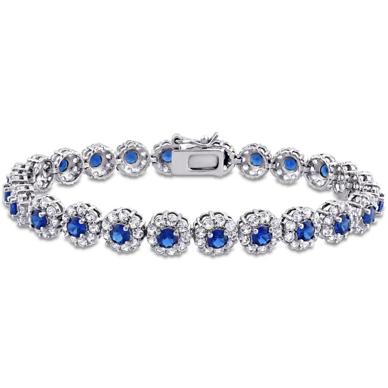 11-1/3ct TGW Created Blue and White Sapphire Halo Floral Tennis Bracelet in Sterling Silver by Miadora - 7 in x 7.5 mm x 3 mm sold by Zulily