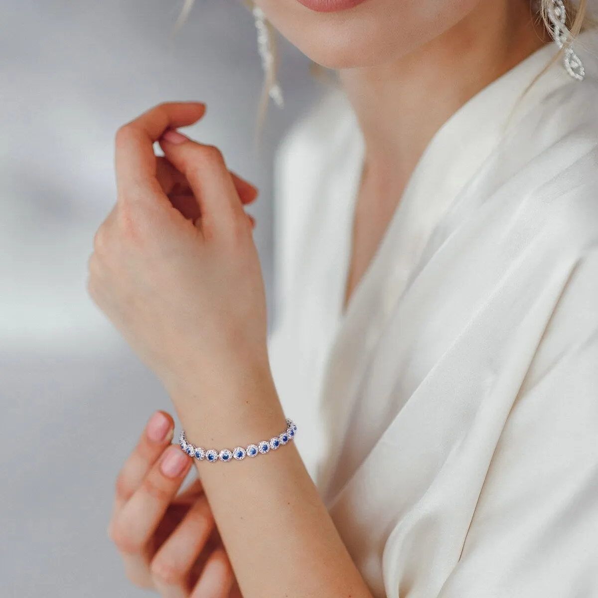 11-1/3ct TGW Created Blue and White Sapphire Halo Floral Tennis Bracelet in Sterling Silver by Miadora - 7 in x 7.5 mm x 3 mm sold by Zulily product image thumbnail 2