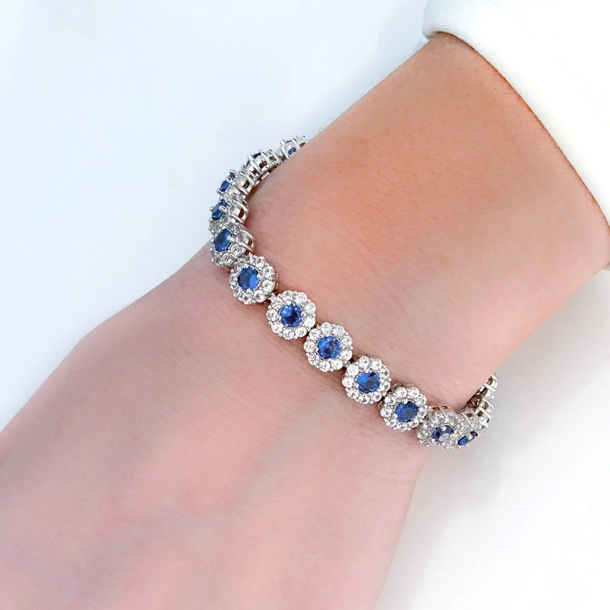 11-1/3ct TGW Created Blue and White Sapphire Halo Floral Tennis Bracelet in Sterling Silver by Miadora - 7 in x 7.5 mm x 3 mm sold by Zulily product image thumbnail 4