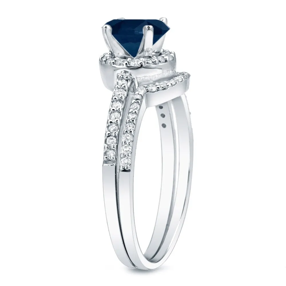 Auriya Platinum 3/5ct Blue Sapphire and 2/5ct TDW Round Halo Diamond Engagement Ring Set sold by Zulily product image thumbnail 2