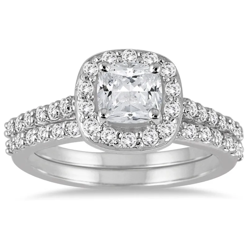 1 1/2 Carat Cushion Cut Diamond Halo Bridal Set in 14K White Gold sold by Zulily