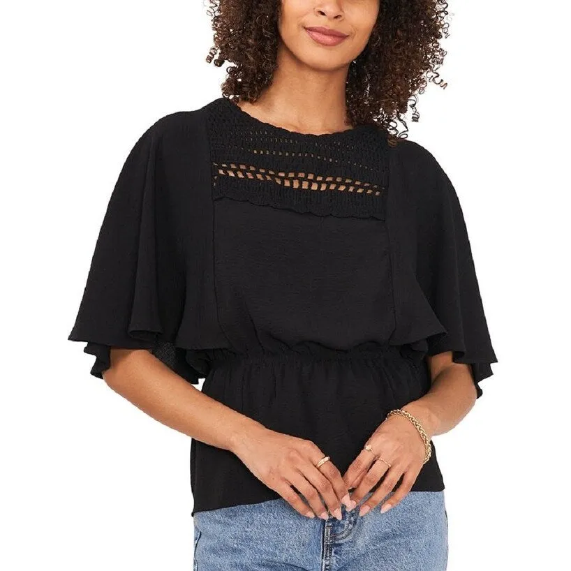 Vince Camuto Women's Crochet Yoke Peplum Blouse Black Size X-Small sold by Zulily
